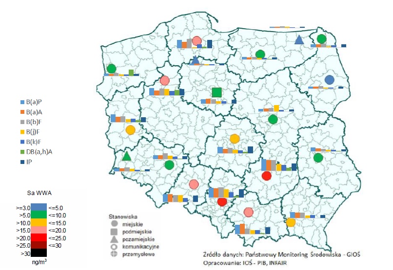 Mapa stężenia WWA w Polsce w 2019 roku