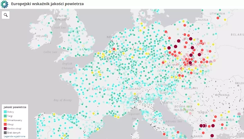 Smog w Polsce na tle Europy - mapa jakości powietrza,.