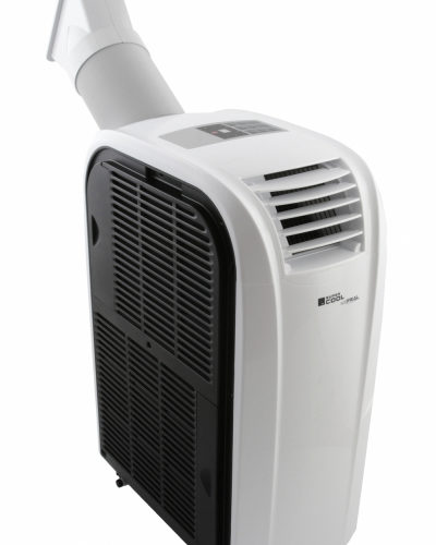 Klimatyzator powietrza Fral SuperCool FSC14 z podłączoną rurą, widoczny pod kątem 45 st.