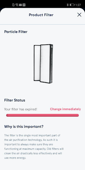 Blueair Sense+ aplikacja mobilna poziom zużycia filtrów